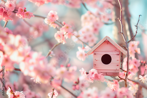 Pink Birdhouse Amidst Spring Cherry Blossoms