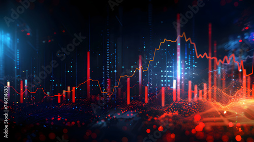 the stock market with bright charts at night, in the style of tonalist paintings, high detailed, light red and dark indigo