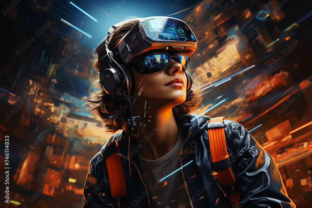 young man wearing a virtual realityr device in front of a city scene, retro-futuristic cyberpunk