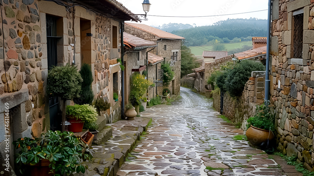 A peaceful cobblestone street lined with traditional stone houses adorned with flowering plants in a quaint historical village (1)