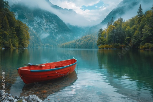 Serene image of a red boat floating on the still waters of a mountain lake surrounded by forested hills