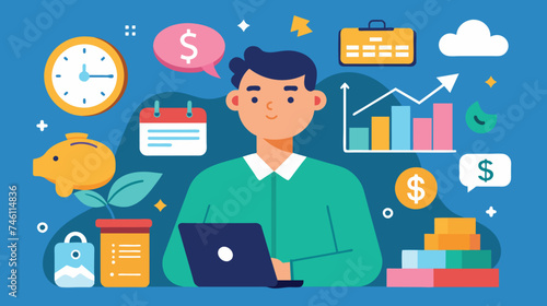 Young Professional Working on Laptop With Financial Icons © OKAN
