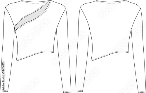round neck crew neck long sleeve low-cut asymmetric hem blouse top template technical drawing flat sketch cad mockup fashion woman design style model
