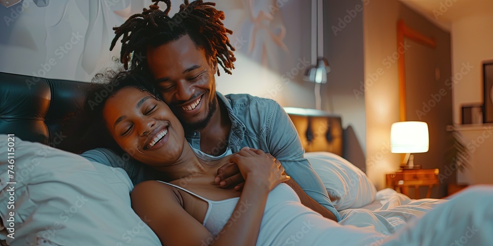 African American couple cuddling together sharing a romantic moment at ...