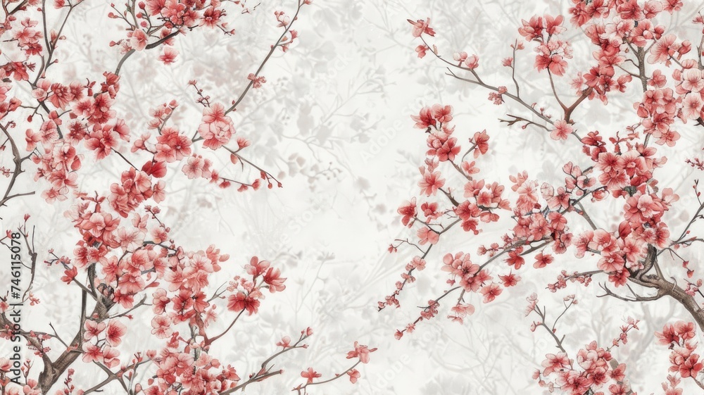 a cherry blossom oil painting spread across a white background, the delicate beauty of cherry blossoms, creating an enchanting and immersive visual experience. SEAMLESS PATTERN.