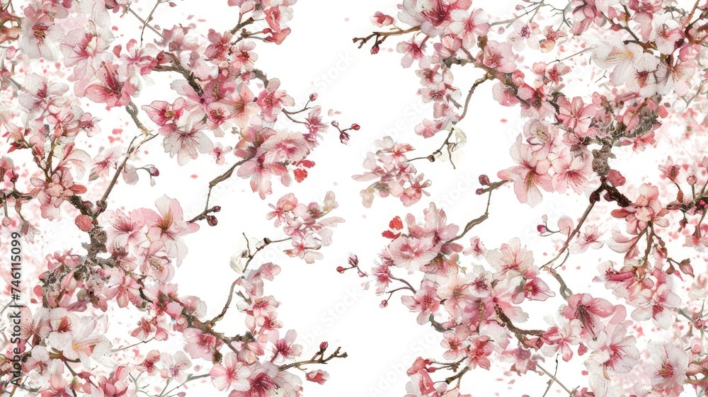 a cherry blossom oil painting spread across a white background, the delicate beauty of cherry blossoms, creating an enchanting and immersive visual experience. SEAMLESS PATTERN.