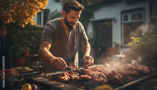 young man preparing barbecue meat in the yard of the house. 