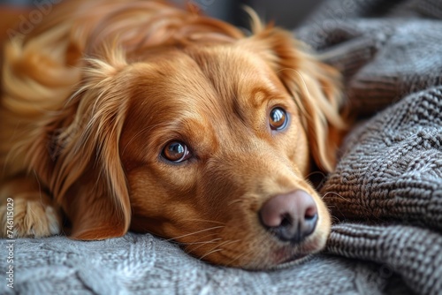 A close-up of a resting dog lying peacefully on a textured knit blanket, representing comfort and tranquility