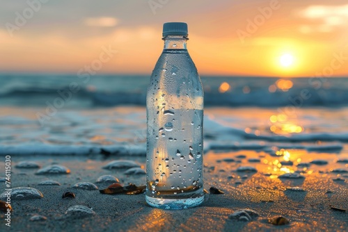 A refreshing water bottle glistens with droplets against the backdrop of a beach at sunset