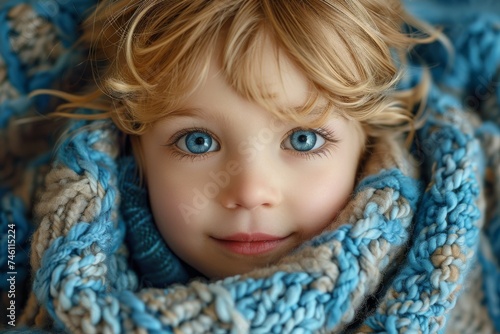 An adorable child with striking blue eyes is peeked out from a chunky knit blue scarf wrapped snugly around © svastix