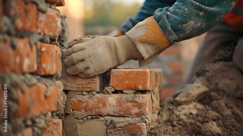 A bricklayer constructs a stone wall using wood, metal tools, and building materials like bricks and rocks. AIG41
