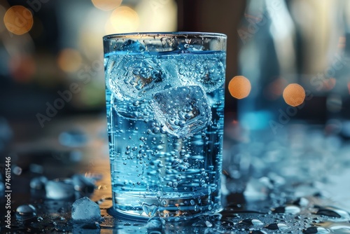 Refreshing cold blue tonic beverage in a glass with ice cubes on a bar counter with bokeh lights