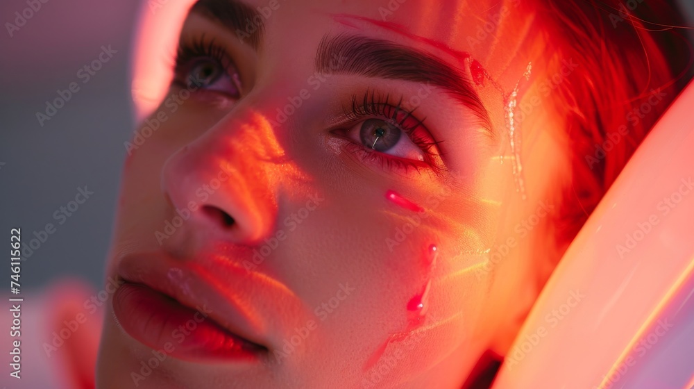 Young woman lying in an infrared therapy room surrounded by soft, undergoing facial therapy with red laser, warm light, blurred bacground. Skin care, cosmetology, anti aging concept. Generative ai