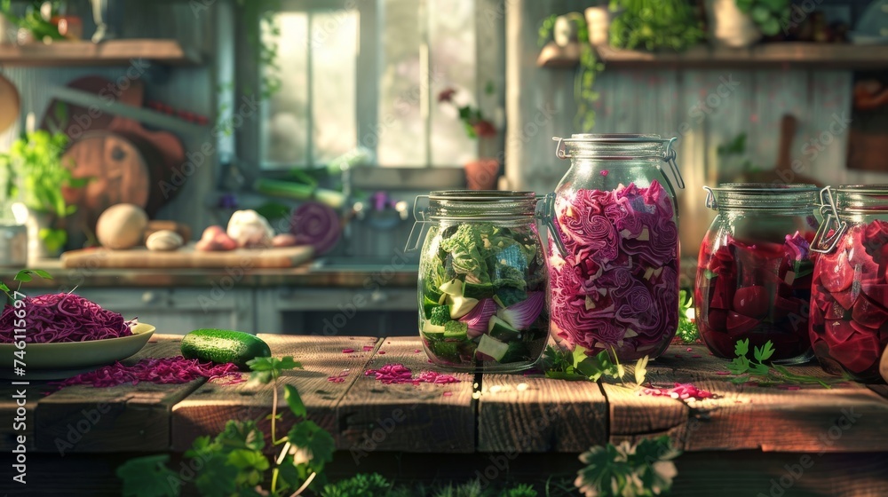Home preservation, canning for the winter. Glass jars on a rustic table, canned pickled vegetables  beets, carrots, cabbage, cucumbers, in  bright kitchen. Generative ai