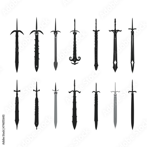 Set of knightly swords isolated on white background. Sword silhouettes. Vector illustration