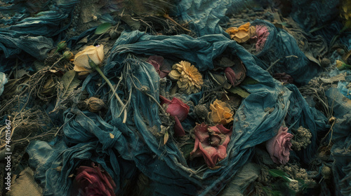 a close up of a pile of blue cloth with flowers on top of it and roots on the bottom of it. photo