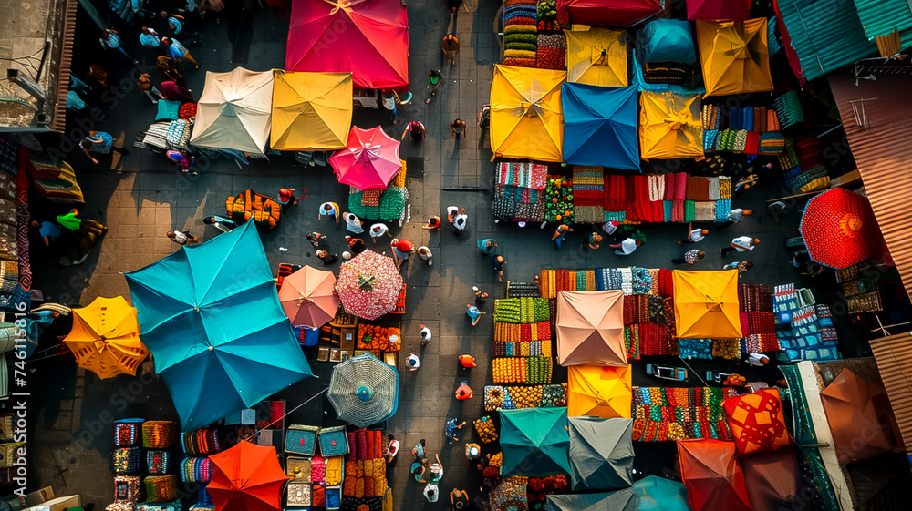 An aerial view of a vibrant night market bustling with activity under a canopy of brightly colored umbrellas, illuminated by glowing lights (3)