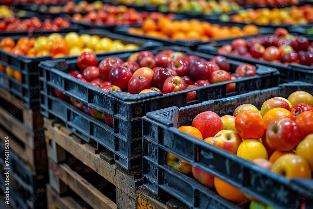 Several crates filled with vibrant and ripe red and yellow tomatoes are stacked, showcasing the variety of fresh produce available at a market