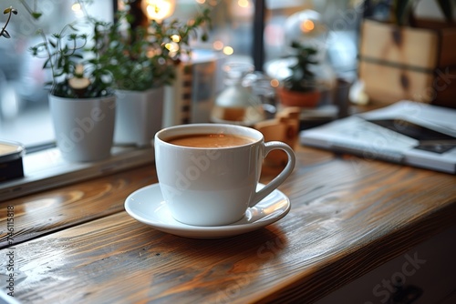 A warm cup of coffee on a rustic wooden table, inside a cozy café with indoor plants and soft lighting