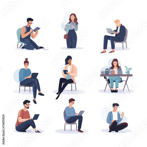 Set of people using different gadgets. Man and woman are online with smartphone, laptop, tablet PC, mobile phone. Male and female Internet users. Flat vector illustration isolated on white background