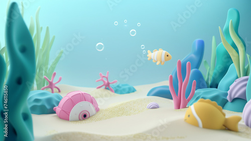 Underwater World Illustration: Seabed with Sand and Seaweed in 3D Cartoon Style for Children, Minimal Detail, Blue