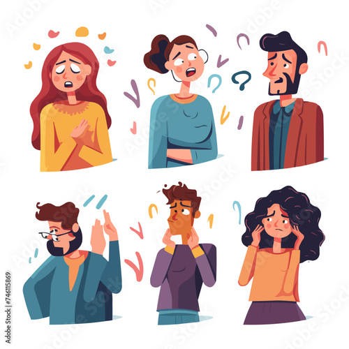 Set of regret or embarrassed people. Human emotion concept. Colorful vector illustration