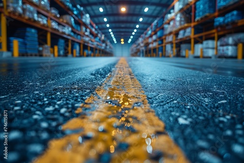 A low-angle view of a long road marking leading through a modern warehouse interior with bright lights