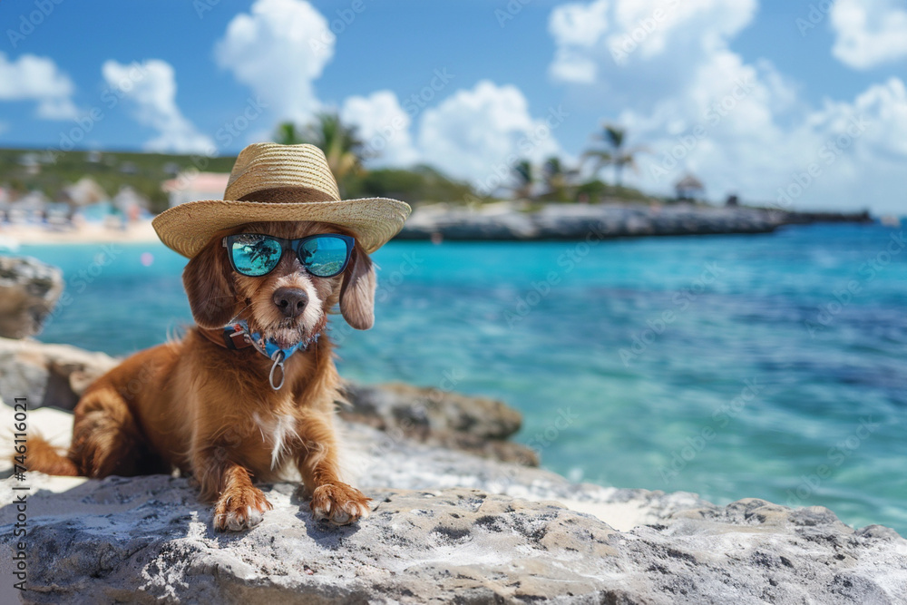 Dog on vacation wearing sunglasses and hat looking cute and funny