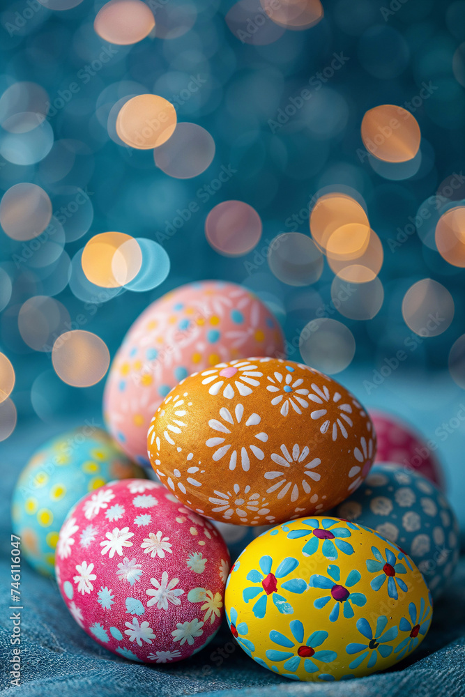 Obraz premium Colorful painted easter eggs on a blurred background.