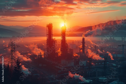 Breathtaking industrial landscape at sunset with smoking chimneys and a dramatic sky