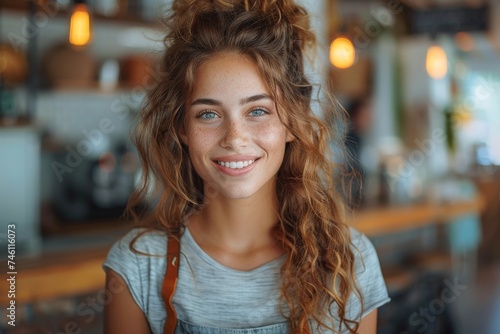 Radiant young woman with curly hair and a winsome smile poses cheerfully in a casual cafe setting