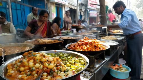 An overhead shot captures a diverse array of Indian dishes served at a bustling street food stall, with customers gathered around (4)