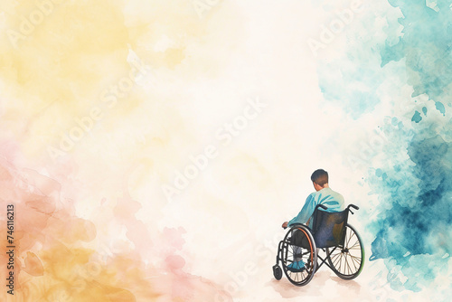 watercolor drawing of man in wheelchair, dreamlike romantic atmospheric, hazy, blue, white, yellow pastel color © zgurski1980