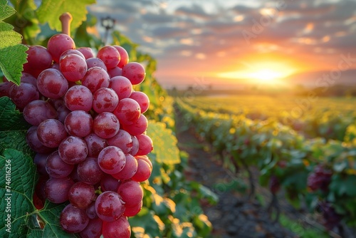 Ripe bunch of red grapes with dew drops against the glowing sunset over a scenic vineyard landscape