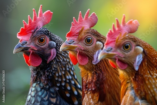 Striking close-up of four chickens with bright red combs and detailed feathers against a blurred background © svastix