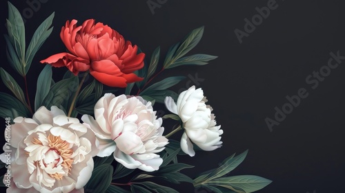 white, red, and pink peonies, both in full bloom and budding, set against a dramatic dark background, empty space for text.