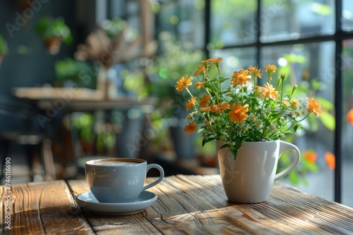 A cozy scene with a steaming cup of coffee beside a white vase with vibrant orange flowers, on a wooden table