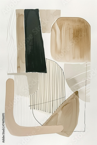 Japandi Art: Minimalist Gallery Piece with Visible Brush Strokes on White Paper, Thick Lines, and Neutral Shapes