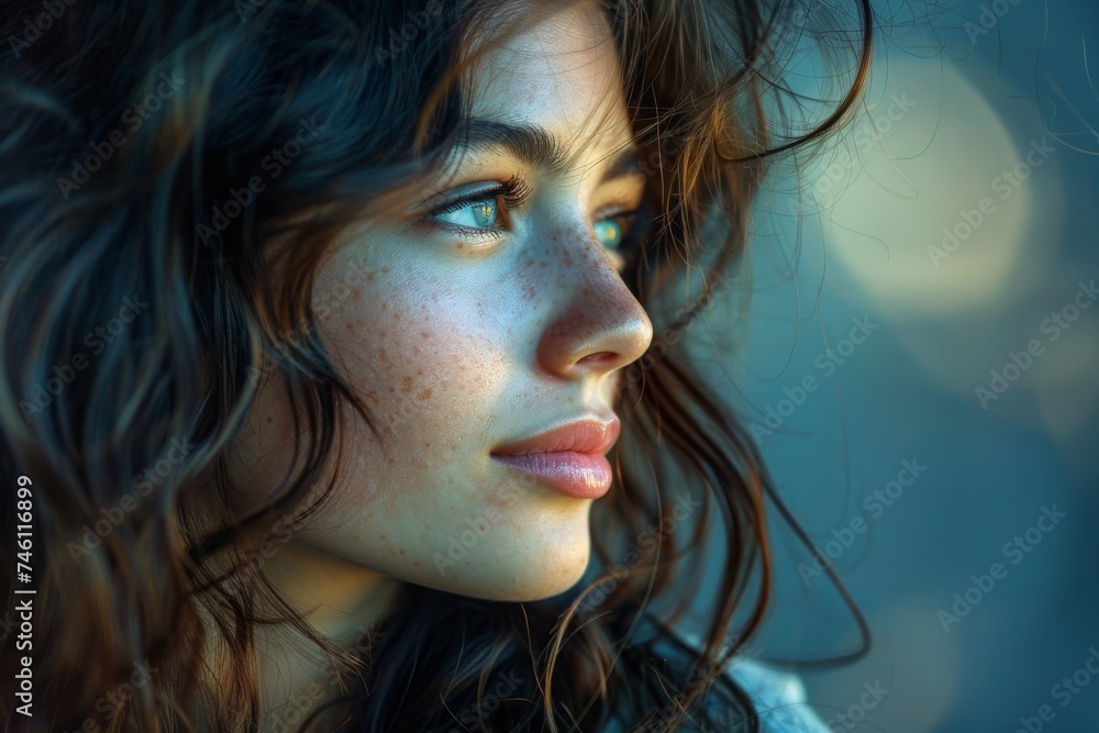 Side profile of a woman with curly hair and freckles gazing out of a window, highlighted by natural light