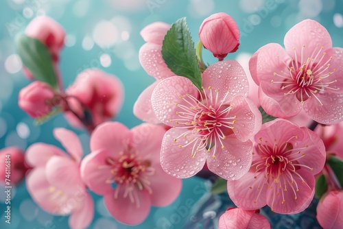 Delicate pink plum blossoms bedewed with water droplets, exuding a sense of renewal and spring
