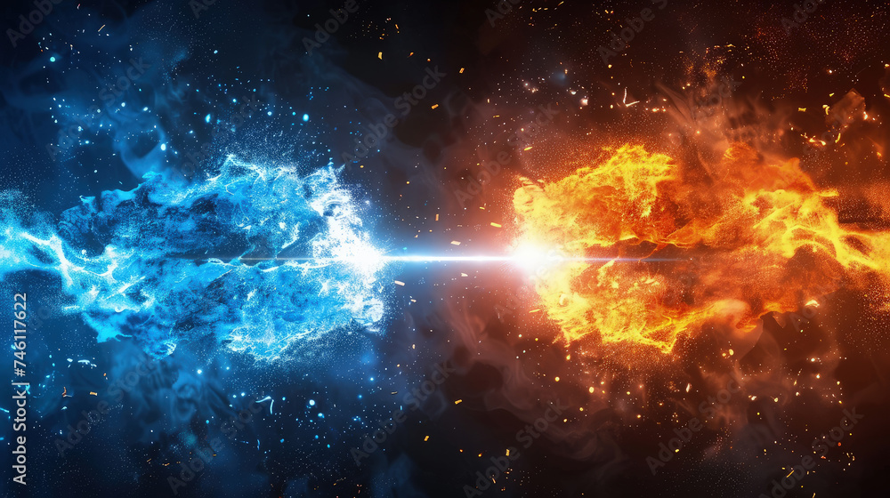 Fototapeta premium Two stars, one blue and one yellow, stand out against a dark black backdrop in this minimalist composition