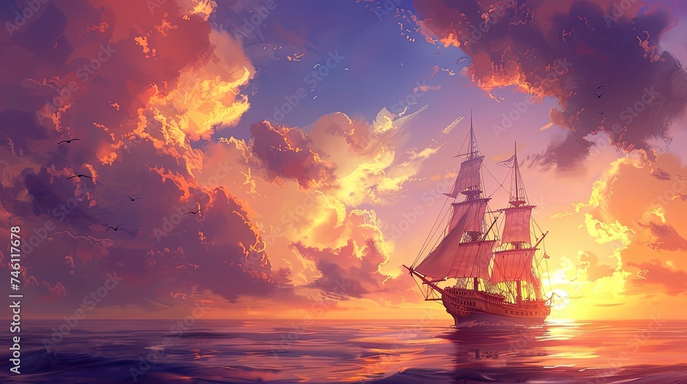 Fototapeta premium a ship sailing at sea during sunset, with the golden hues of the fading sun casting a warm glow over the tranquil waters, creating a serene and picturesque scene.