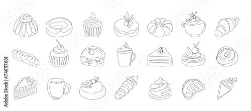 One line drawing of desserts and bakery sweets. Linear sketch hand drawn coffee tea pastry cakes  trendy doodles for cafe menu. Vector set