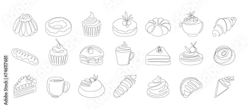 One line drawing of desserts and bakery sweets. Linear sketch hand drawn coffee tea pastry cakes, trendy doodles for cafe menu. Vector set