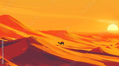 Japanese Anime Desert Dunes at Sunset with Camel Caravan Aerial.