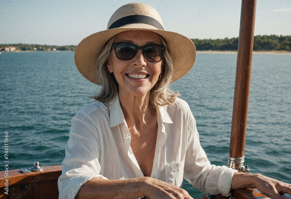 Elegant Senior Woman Savoring Seaside Leisure on a Yacht