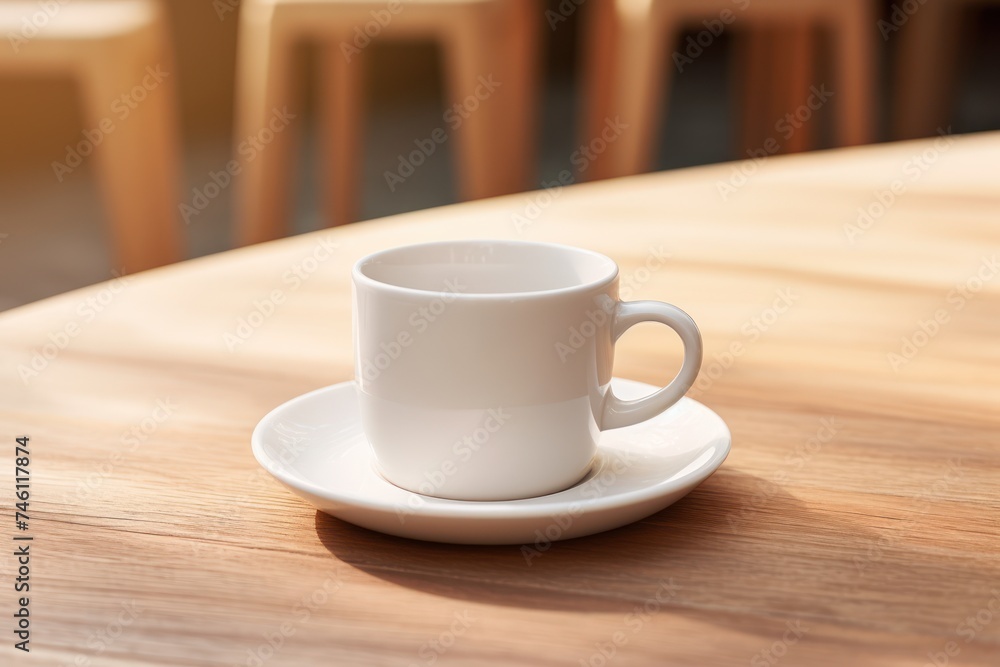 White ceramic cup with saucer on light brown wooden table White ceramic cup with saucer on light brown wooden table