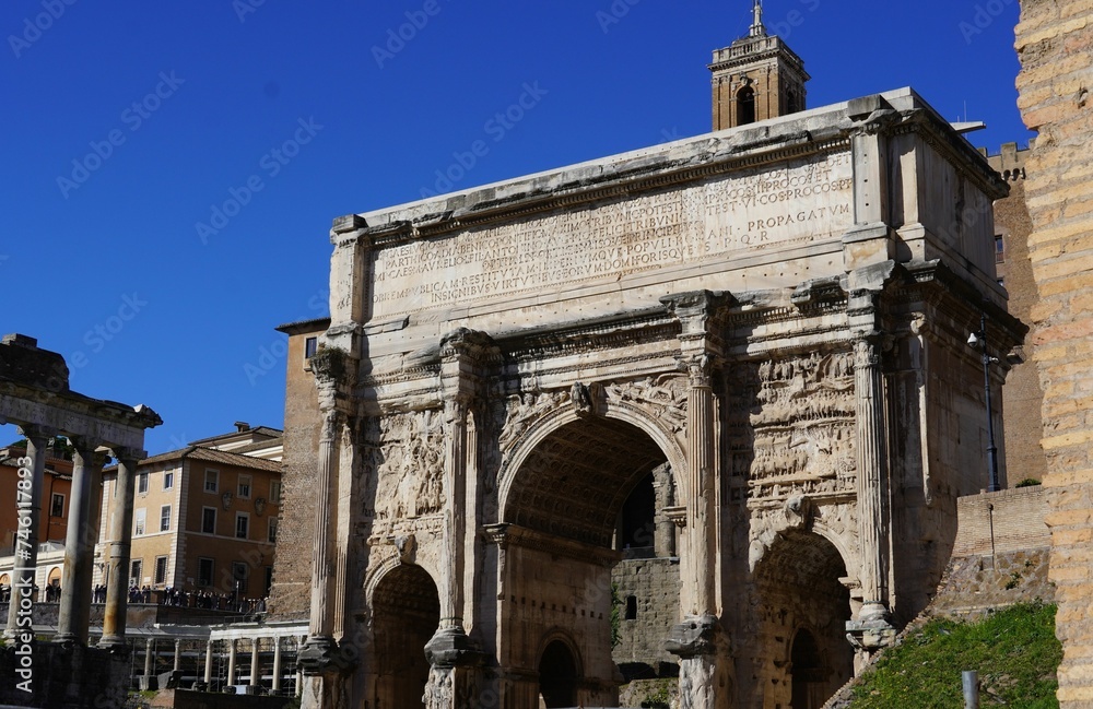 The triumphal arch of Roman emperor Septimius Severus in the Forum of Rome in Italy