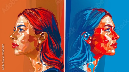 A striking digital art piece showing a woman's face, split and colored in two different vibrant hues, exuding pop art charm