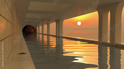 The sun is setting low in the sky, casting a warm glow over the water in the pool